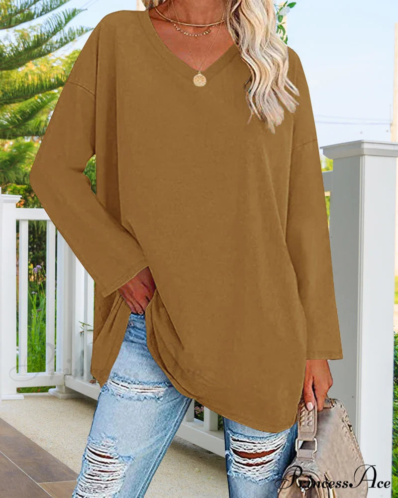 Plain v-neck long-sleeved women's t-shirt Yellow 2022 F/W 23BF clothes Short Sleeve Tops Spring T-shirts Tops/Blouses