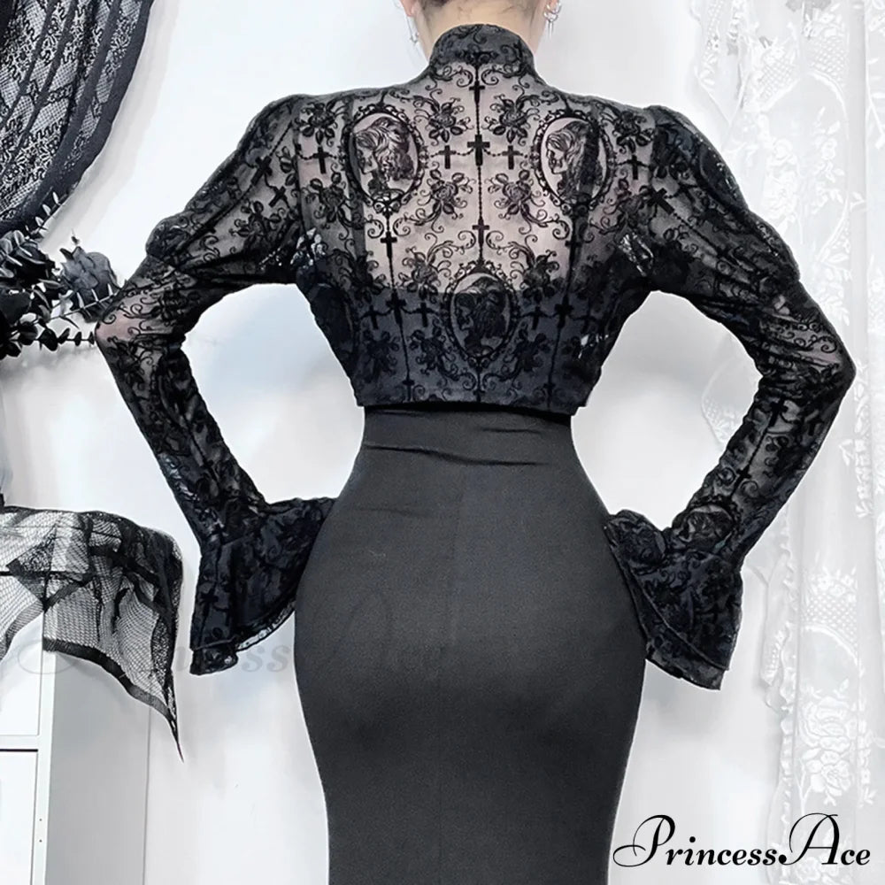 Long Sleeves Smock Vintage Black Lace Flare Sleeve Cosplay Cardigan