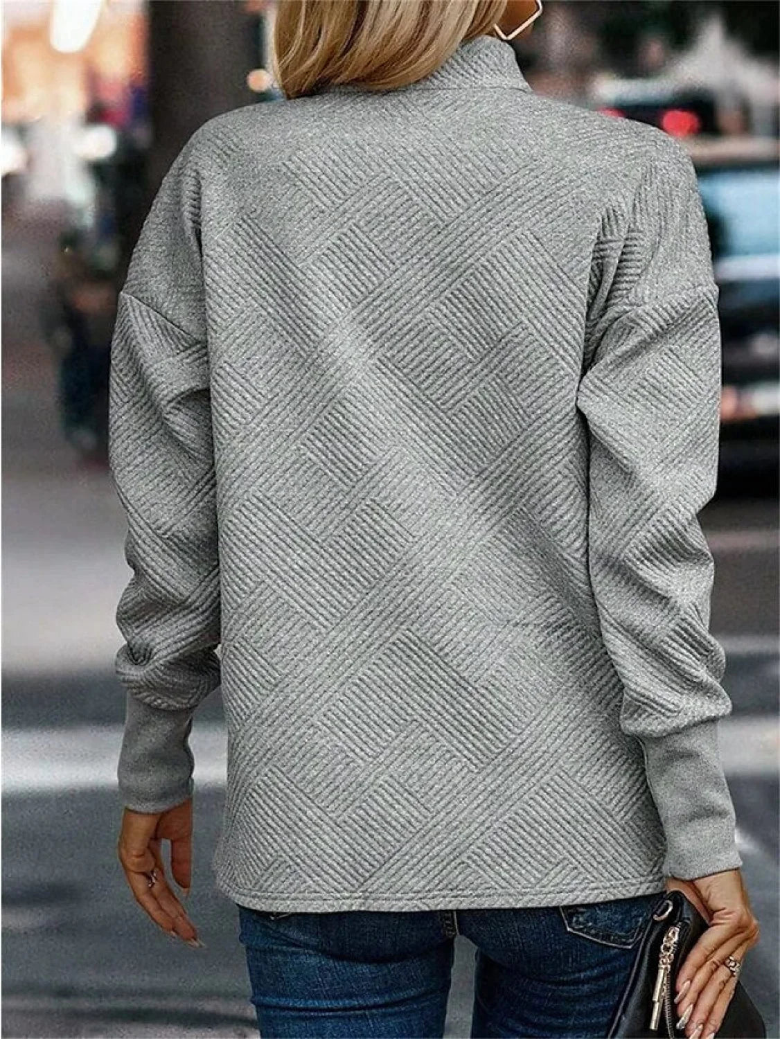 Long Sweatshirt Color Arm Textured Gray Neck Casual Pullover V Women’s Solid Top