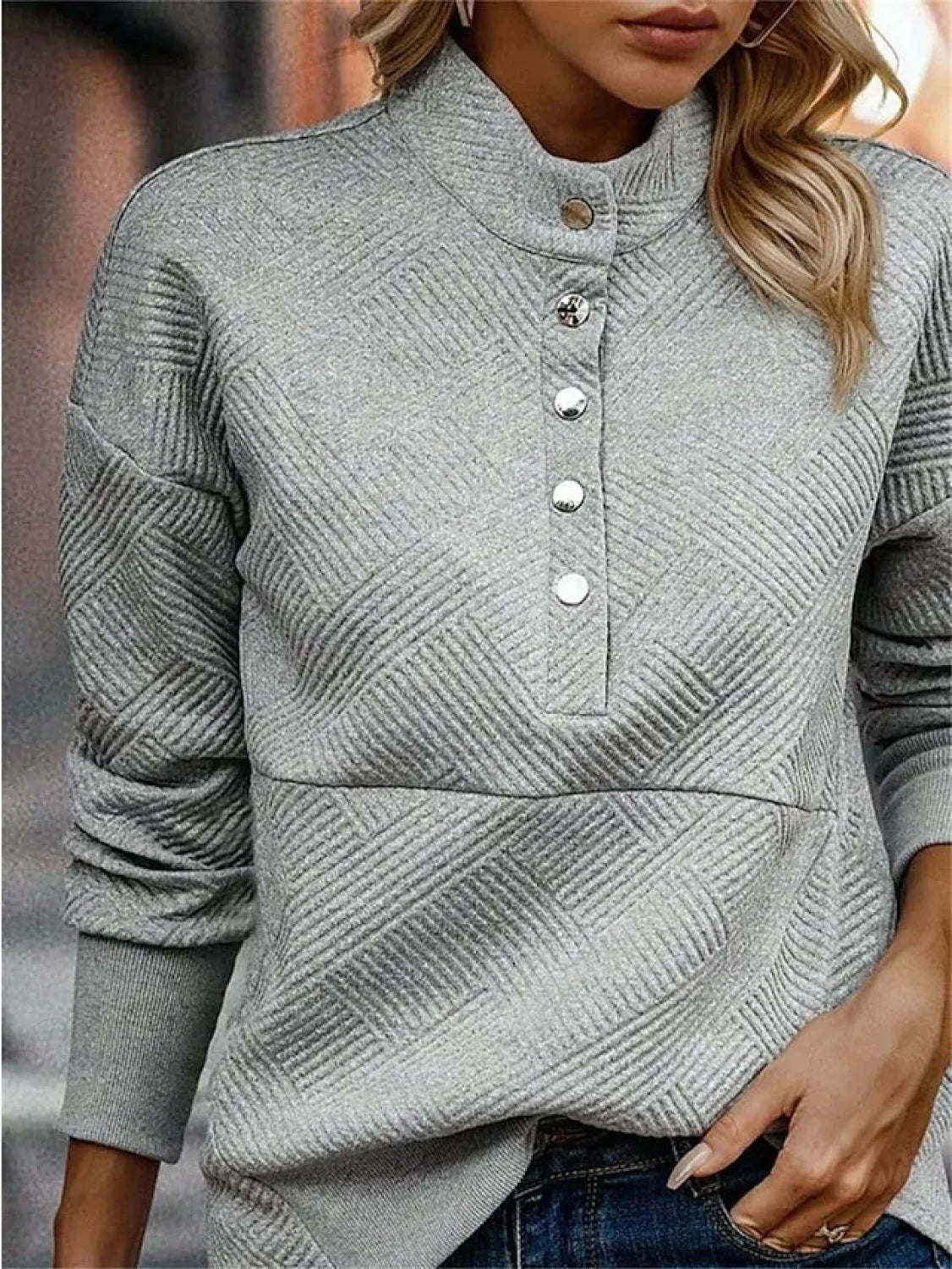 Long Sweatshirt Color Arm Textured Gray Neck Casual Pullover V Women’s Solid Top