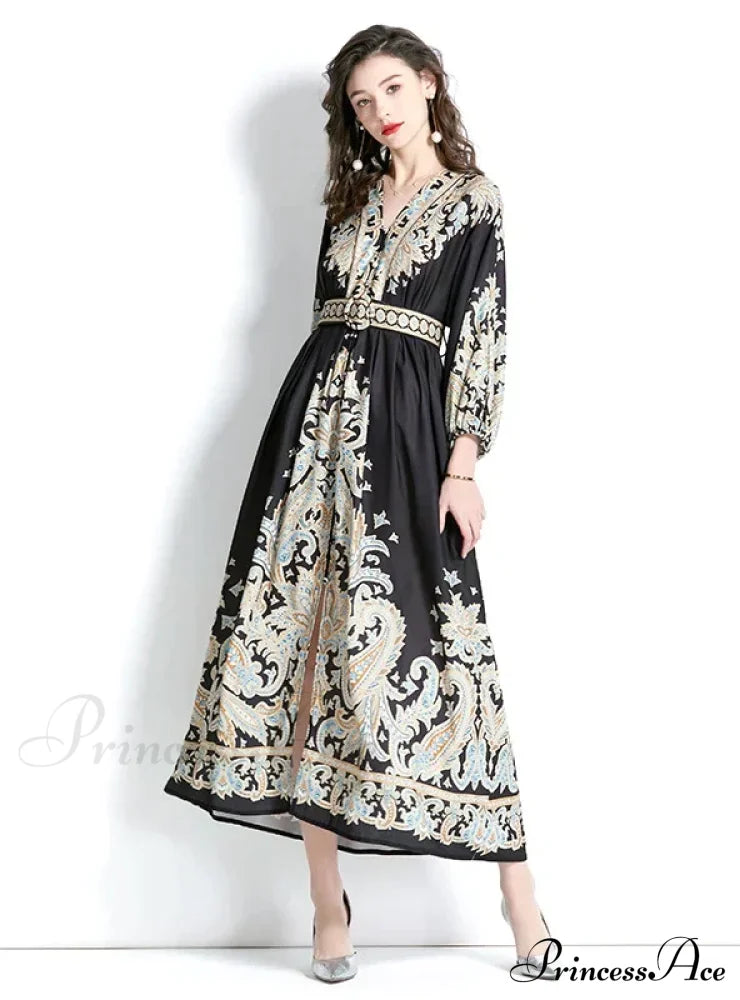Long V-Neck Patterned Dress S / Black