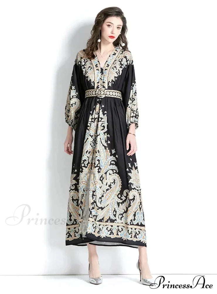 Long V-Neck Patterned Dress S / White