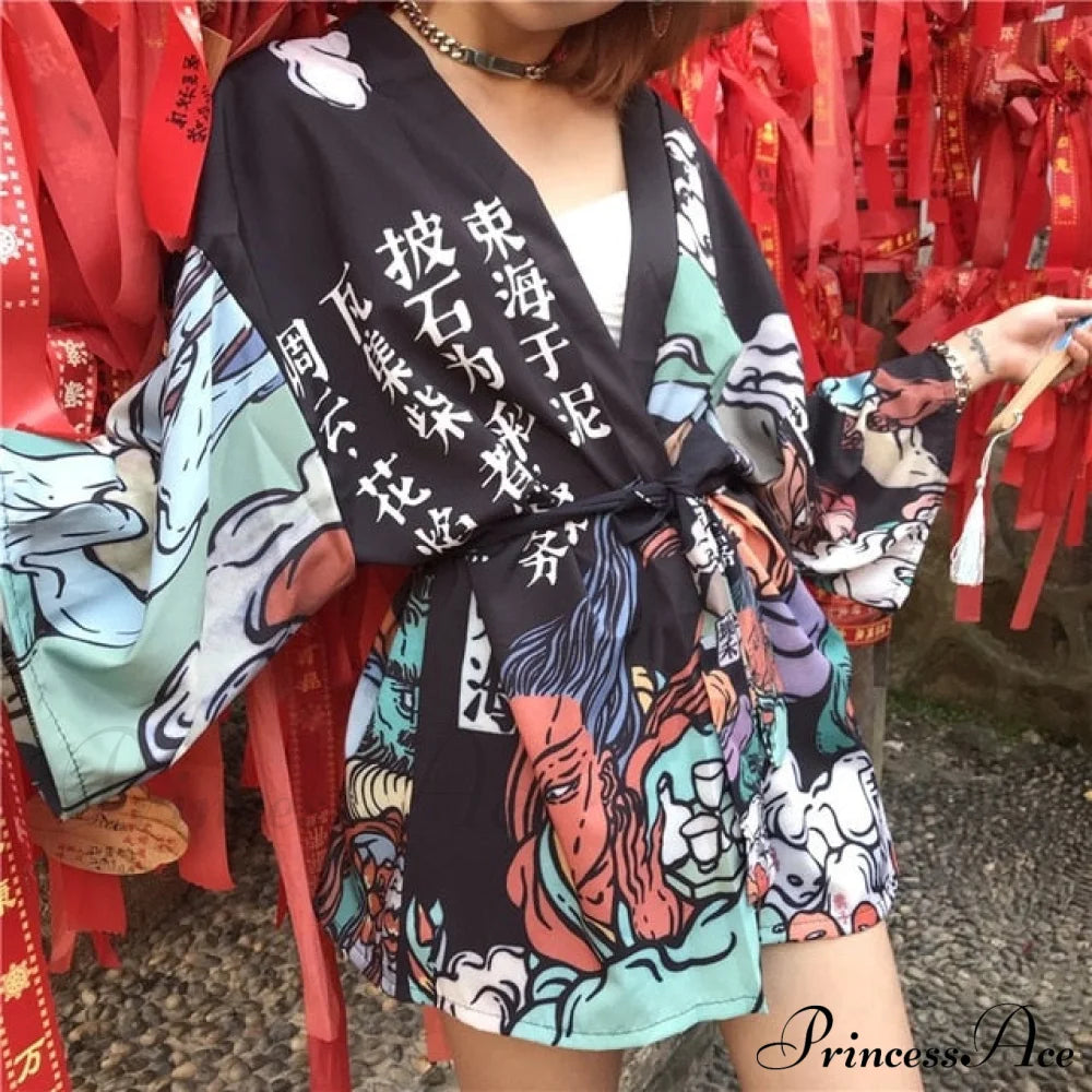 Long Warm-Season Japanese Streetwear Top Women’s Blouse Cardigan Kimono Clothes 6 / One Size