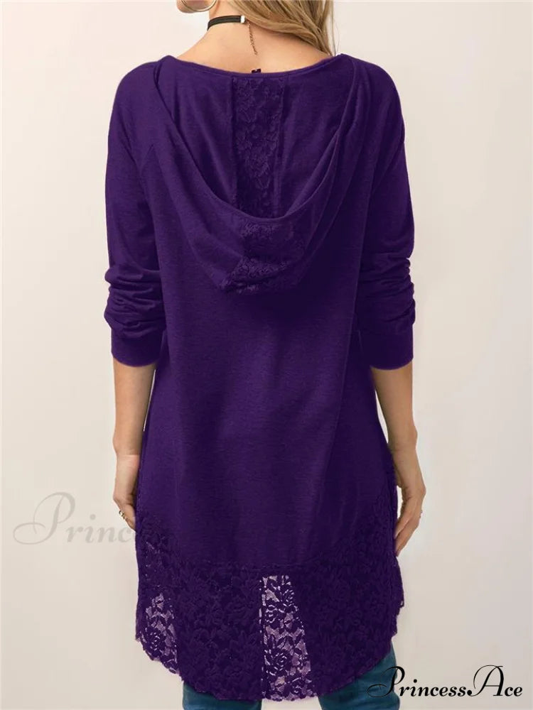 Long With Women Lace Patchwork Arm T-Shirt Hood Tops