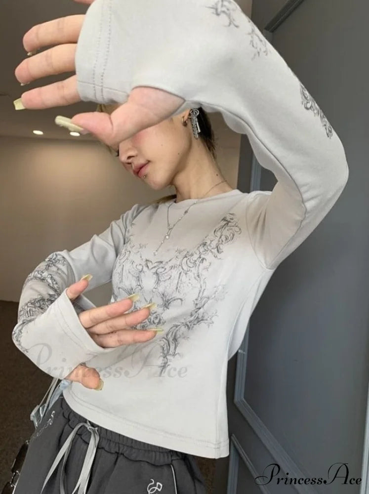 Long Y2K Fashion Casual O-Neck Arm De Vintage Blusas T-Shirts 2024 Mujer Design Women Tunic Moda