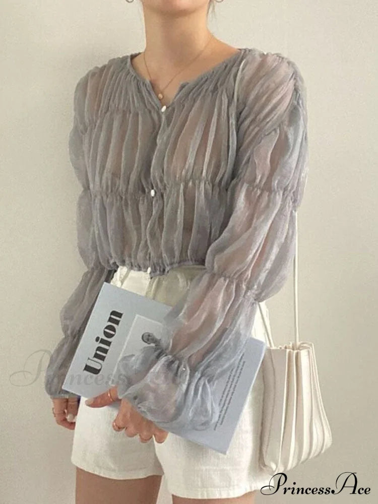Loose Blouse Blusas Long Women Arm Perspective Tops Chiffon Folds Fashion Korean Casual Folded