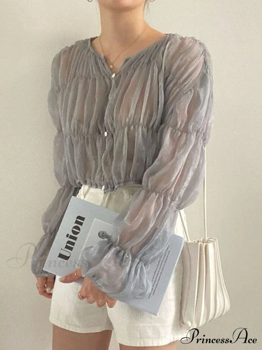 Loose Blouse Blusas Long Women Arm Perspective Tops Chiffon Folds Fashion Korean Casual Folded