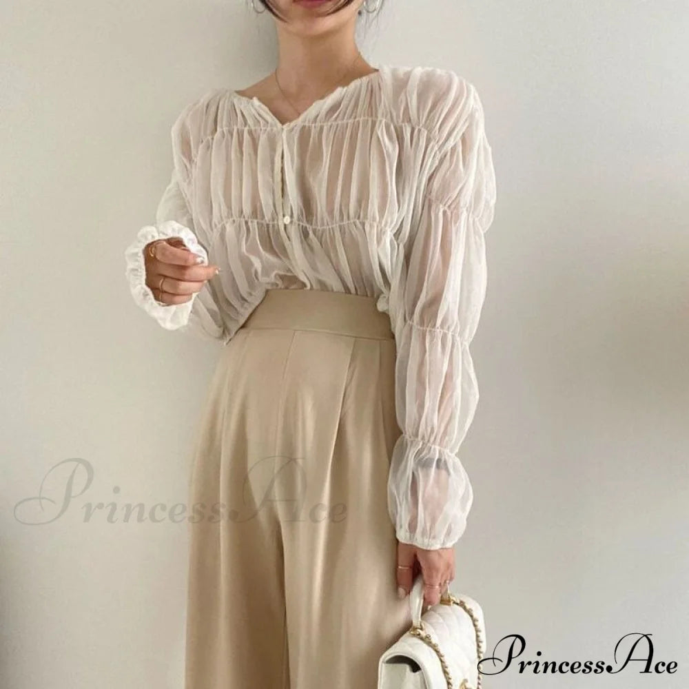 Loose Blouse Blusas Long Women Arm Perspective Tops Chiffon Folds Fashion Korean Casual Folded