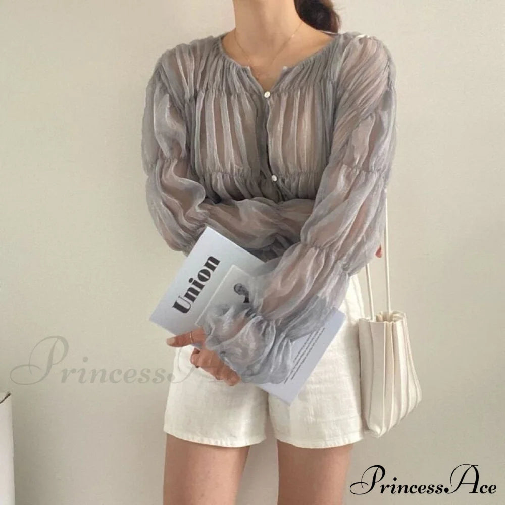 Loose Blouse Blusas Long Women Arm Perspective Tops Chiffon Folds Fashion Korean Casual Folded