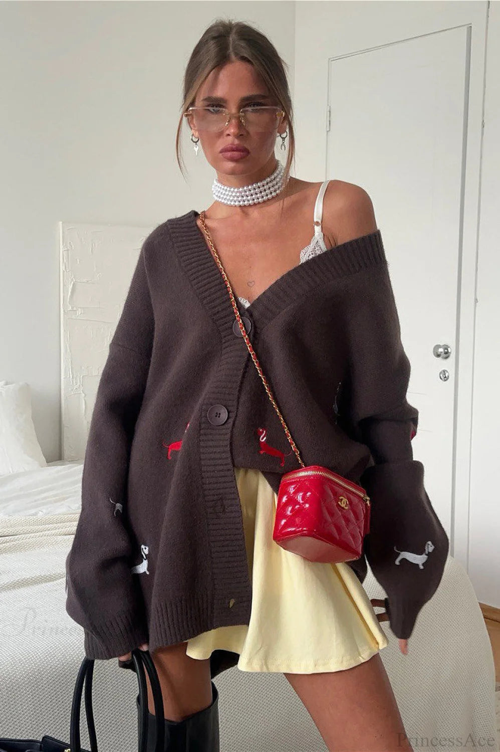 Loose Dachshund Embroidery Knit Button Cardigan