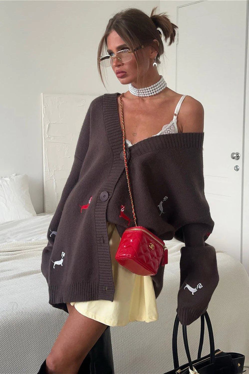 Loose Dachshund Embroidery Knit Button Cardigan Brown / S