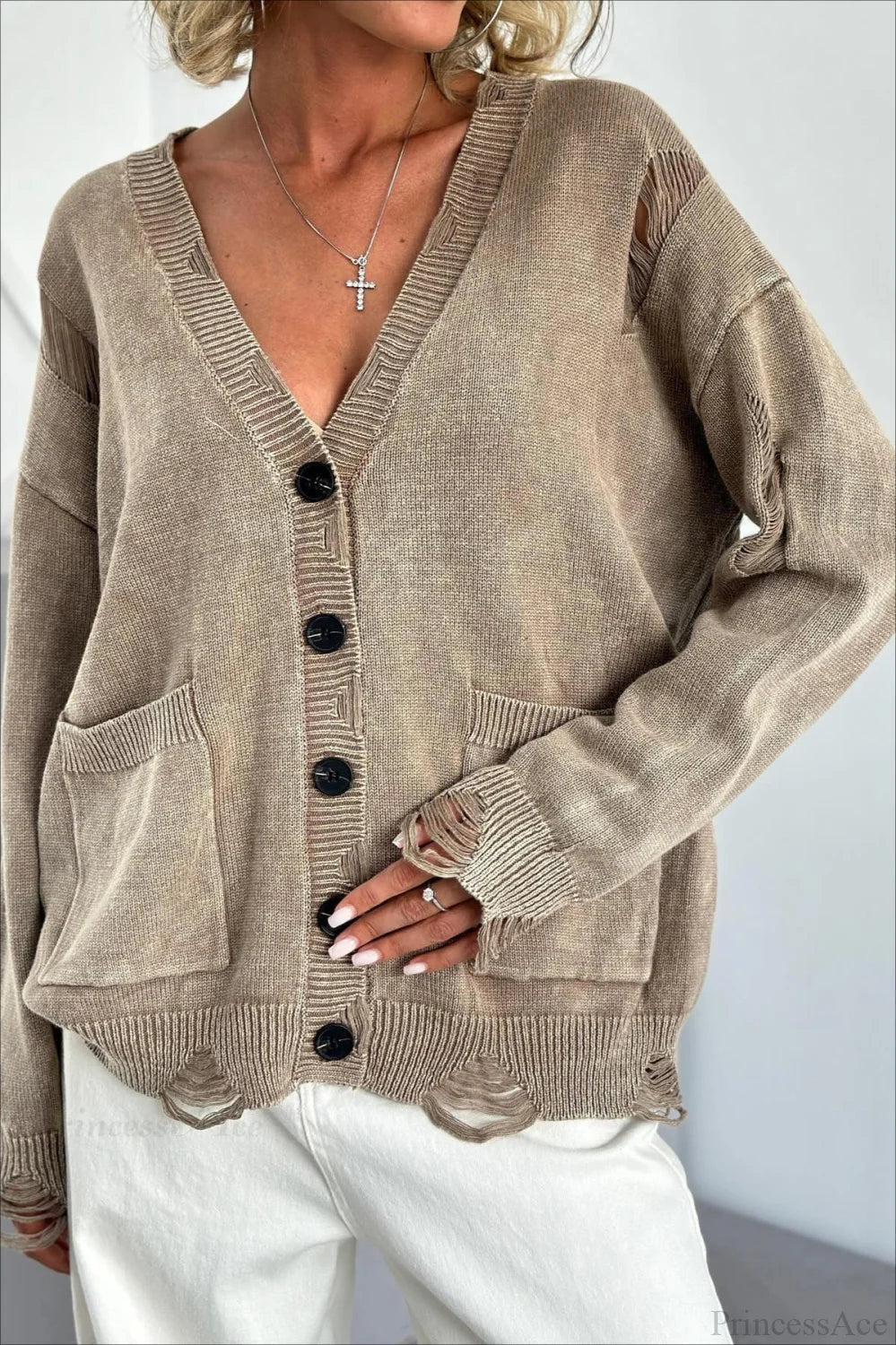 Loose Deep V Neck Knit Button Cardigan