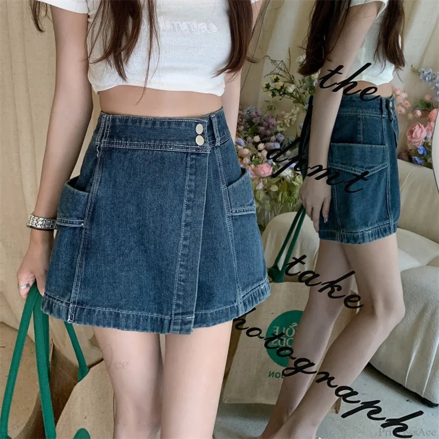 Loose Denim Pants Style Skirt Blue / S
