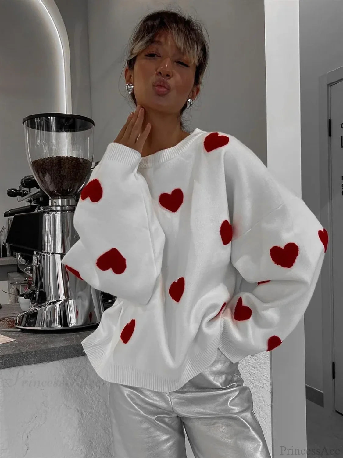 Loose Fashion Patchwork Long Sleeve Sweater Red / S