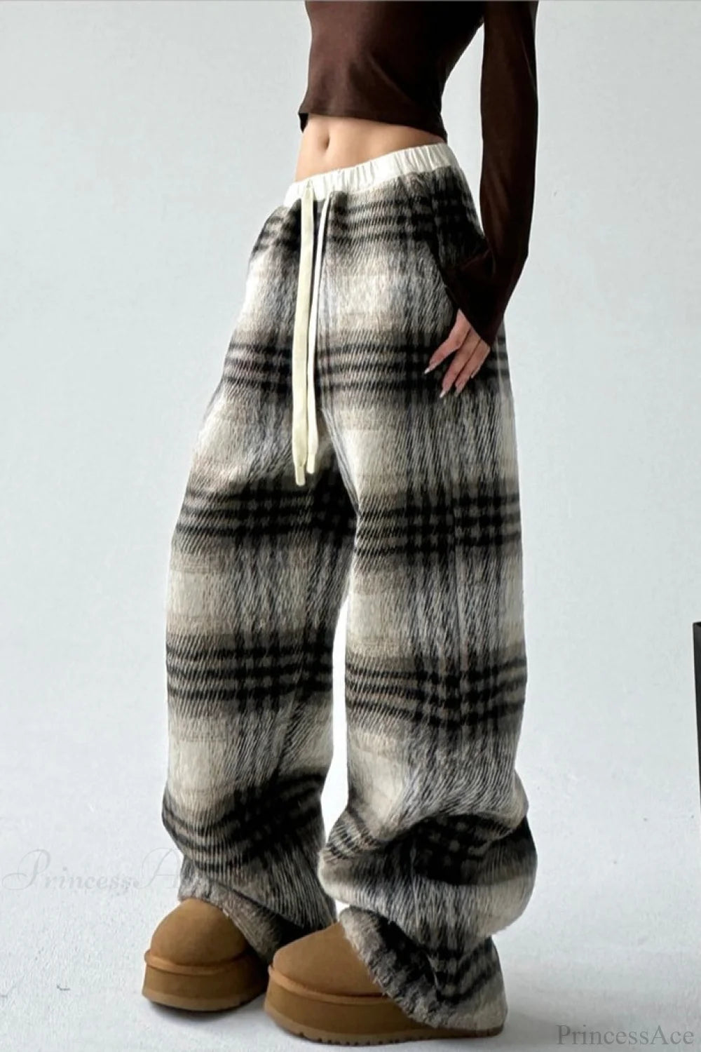 Loose Fit Woolen Plaid Wide Leg Pants