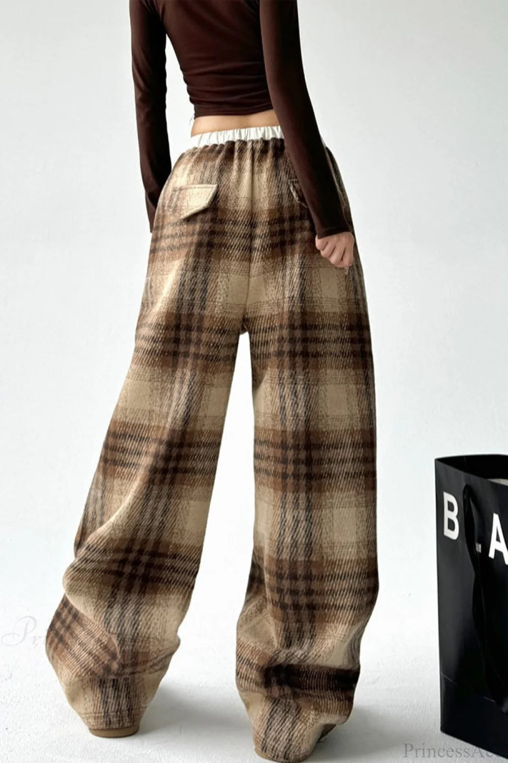 Loose Fit Woolen Plaid Wide Leg Pants