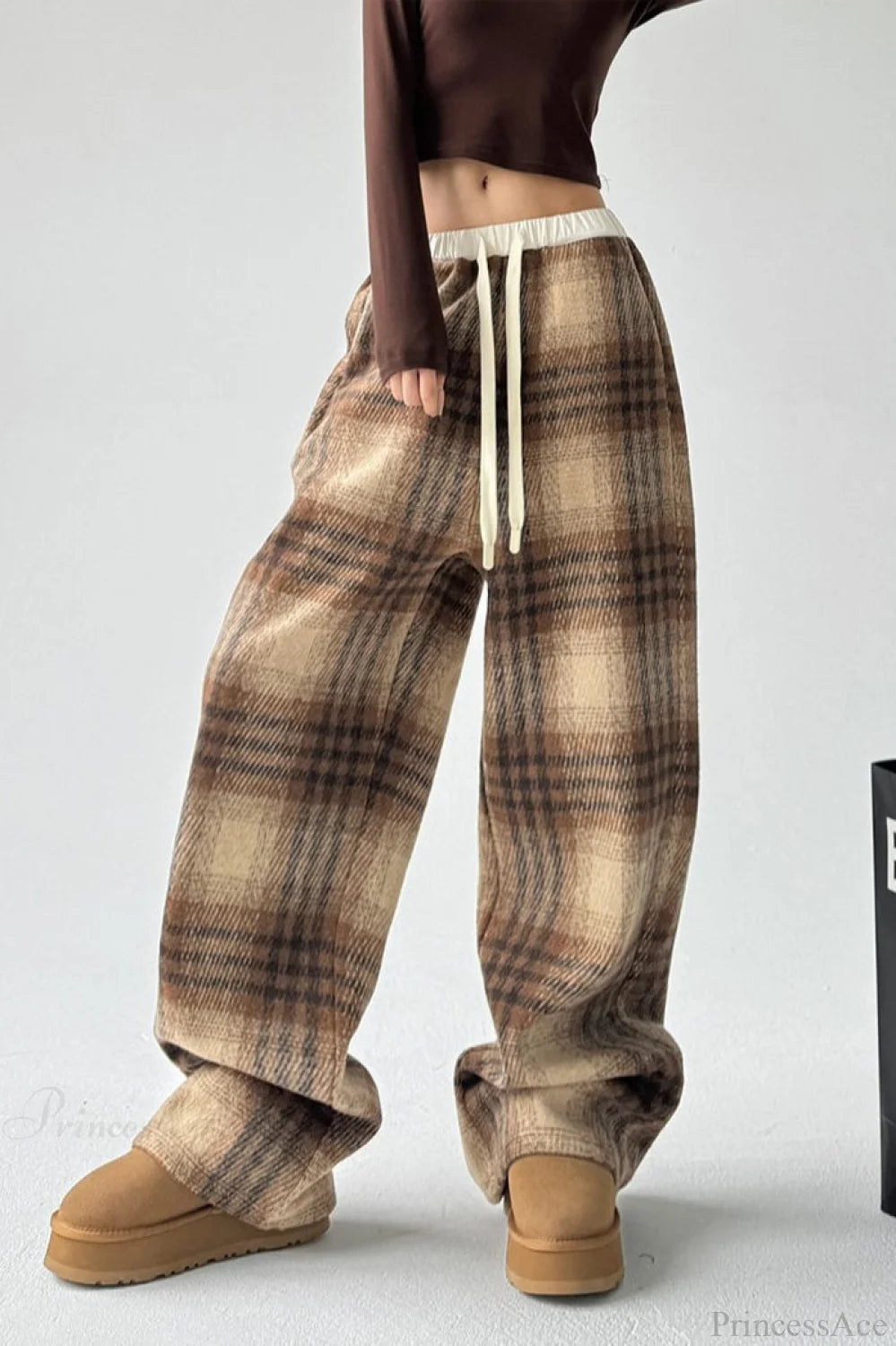 Loose Fit Woolen Plaid Wide Leg Pants Yellow / S