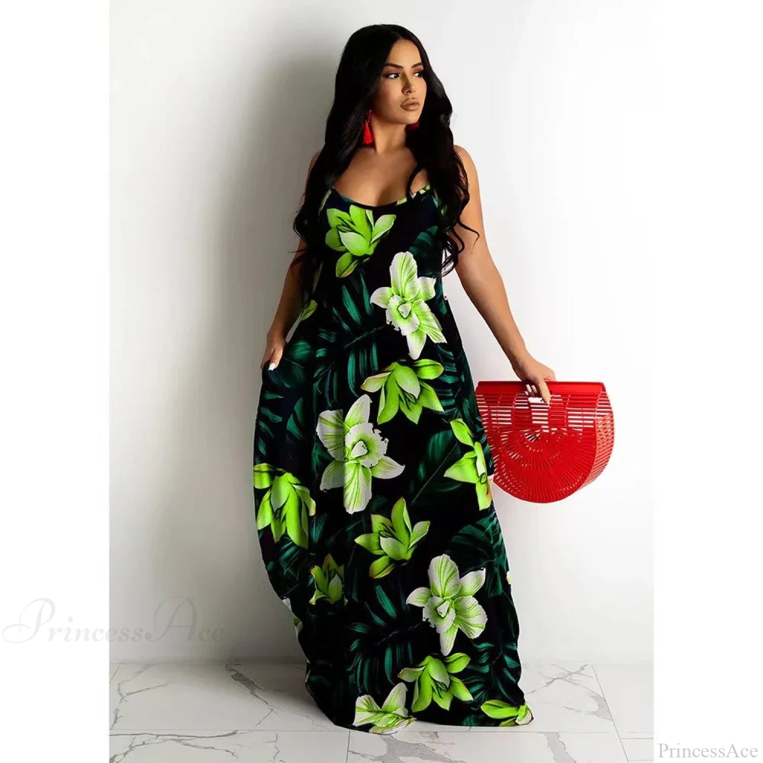 Loose Floral Print Slip Dress Long Skirt Floral Dress Green / S floraldress-250126