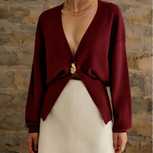 Loose Hollow Out V-Neck Knit Cardigan Wine Red / S