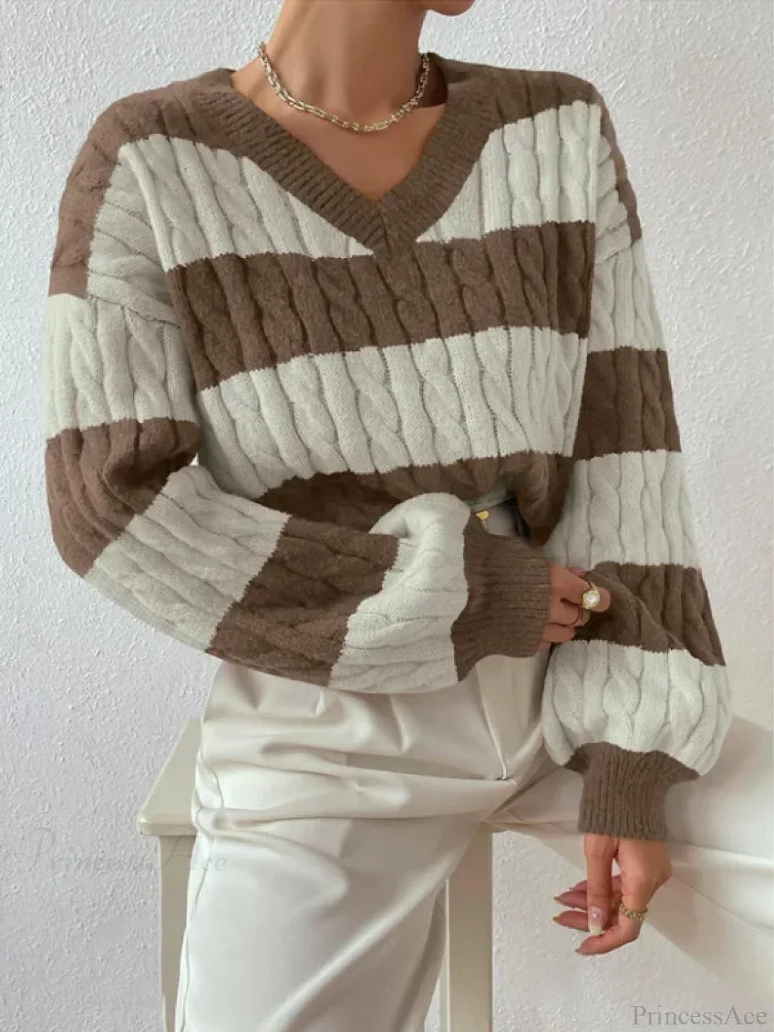 Loose Knit V-neck Vintage Pullover Sweater Khaki / S