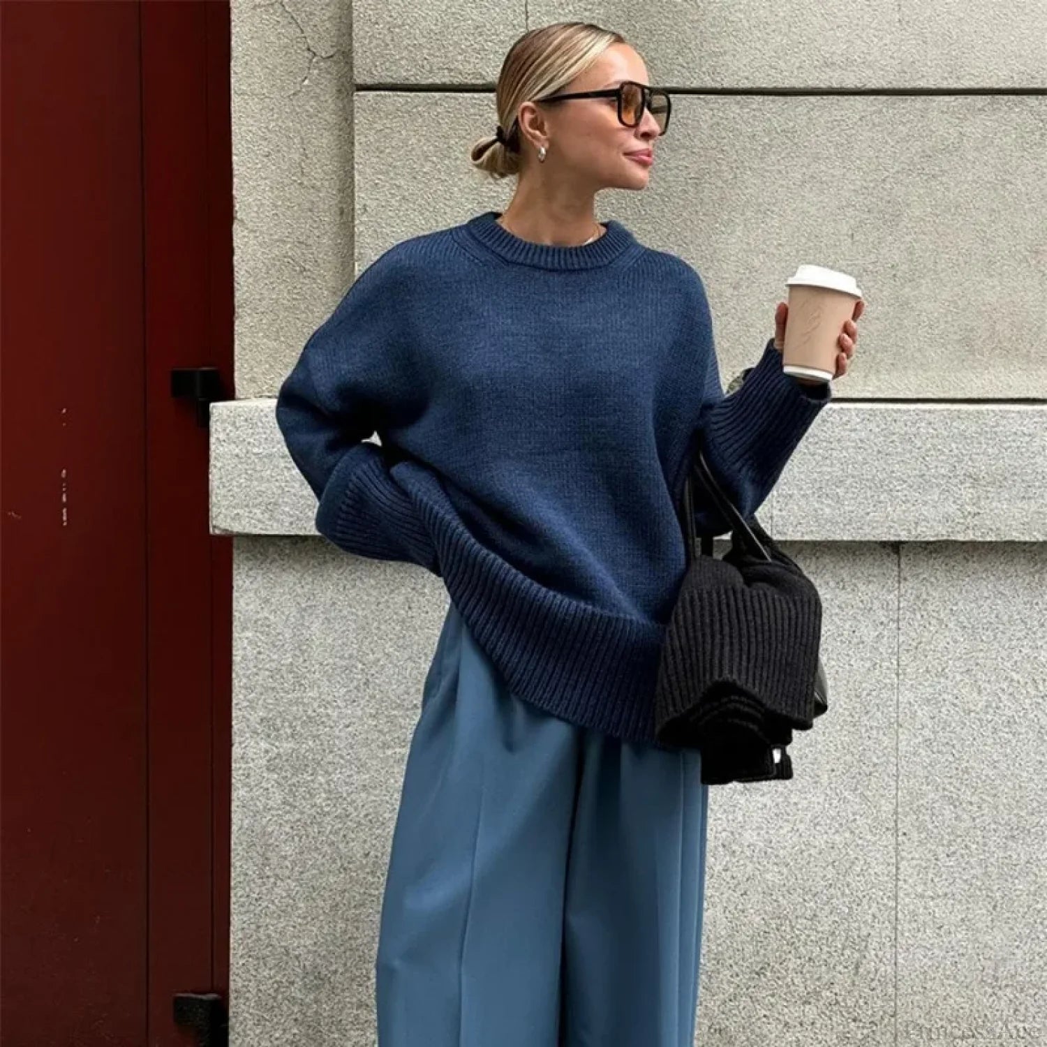 Loose O-neck Casual Streetwear Sweater Dark Blue / S