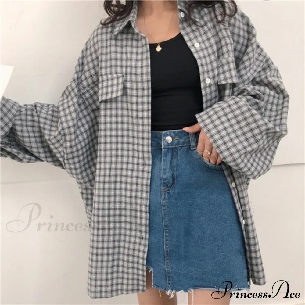 Loose Plaid Shirt Grey / S