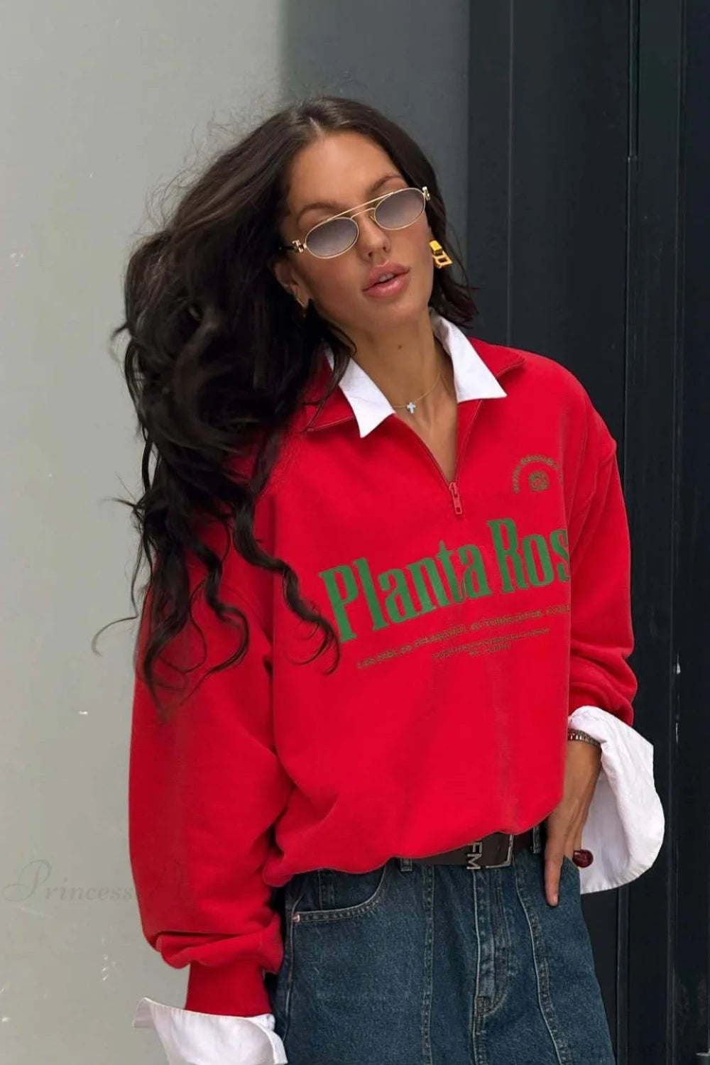 Loose Red Script Half-Zip LS Sweatshirt Red / S