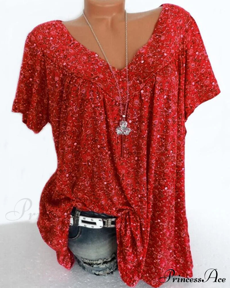 V-neck loose short-sleeved t-shirt Burgundy 23BF allamode clothes Damkläder discount Short Sleeve Tops Summer T-shirts Tops/Blouses Trending Now