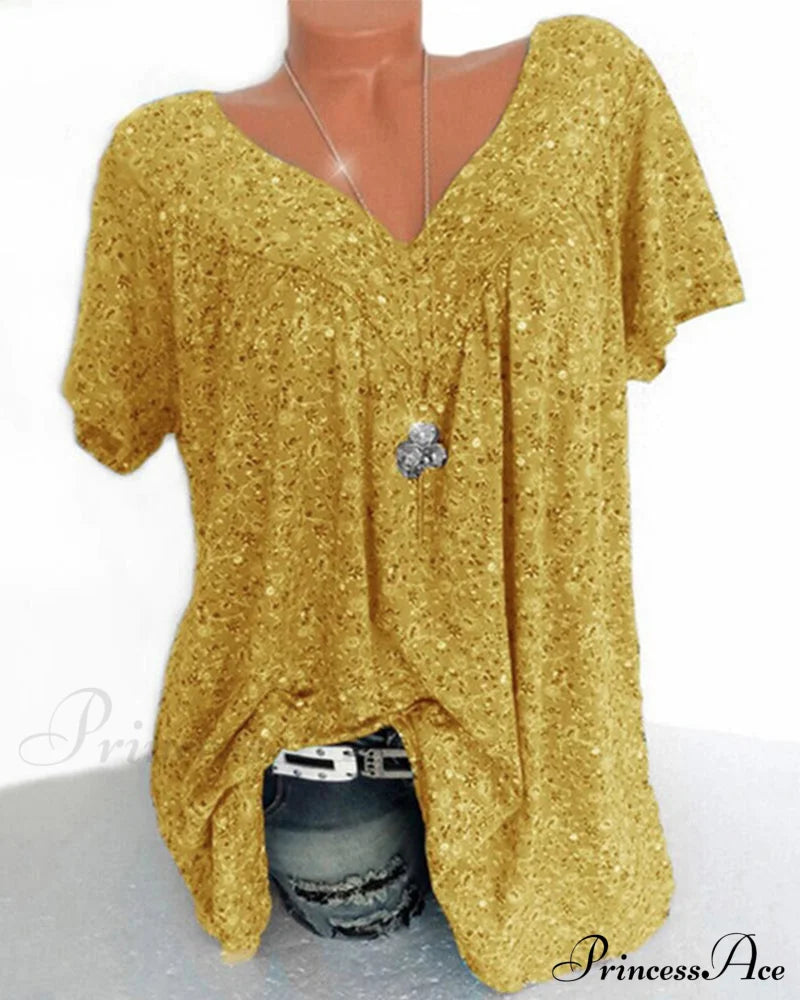 V-neck loose short-sleeved t-shirt Yellow 23BF allamode clothes Damkläder discount Short Sleeve Tops Summer T-shirts Tops/Blouses Trending Now