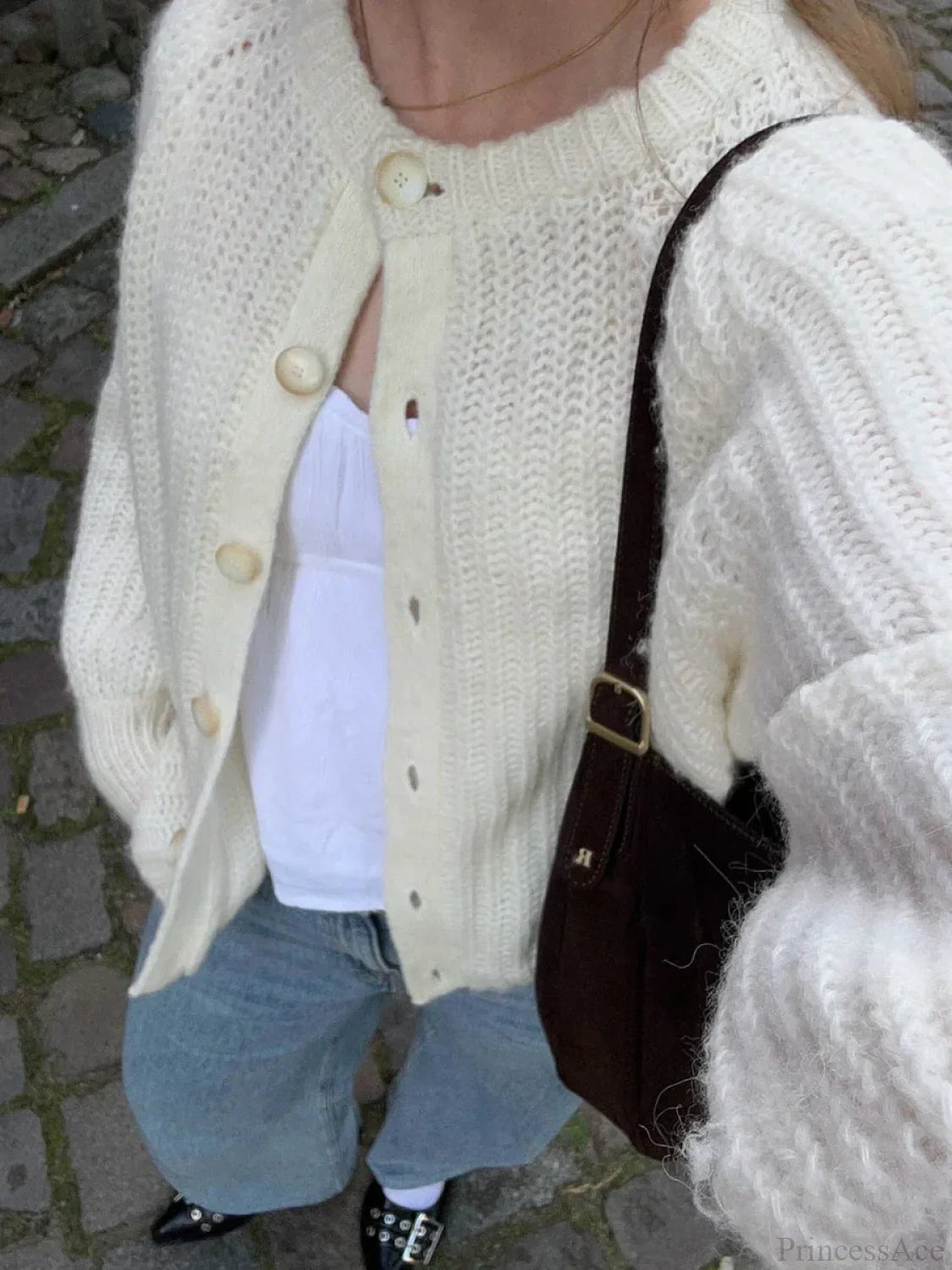 Loose Solid Crew Neck Button Cardigan