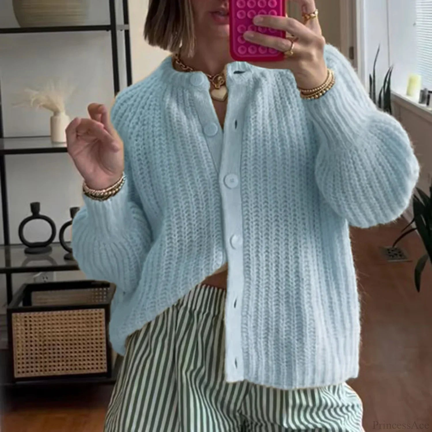 Loose Solid Crew Neck Button Cardigan