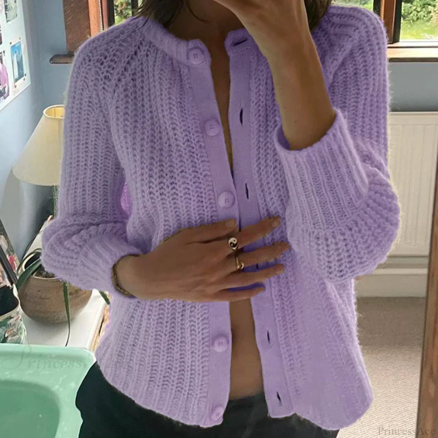 Loose Solid Crew Neck Button Cardigan