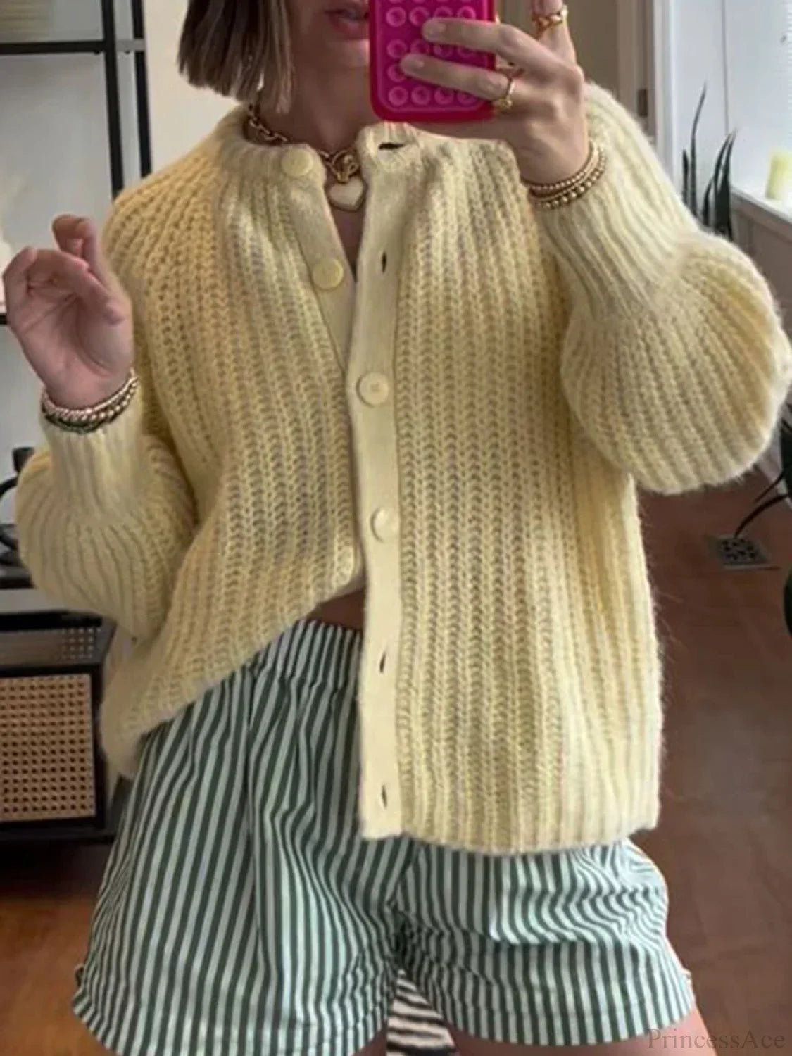 Loose Solid Crew Neck Button Cardigan beige / S