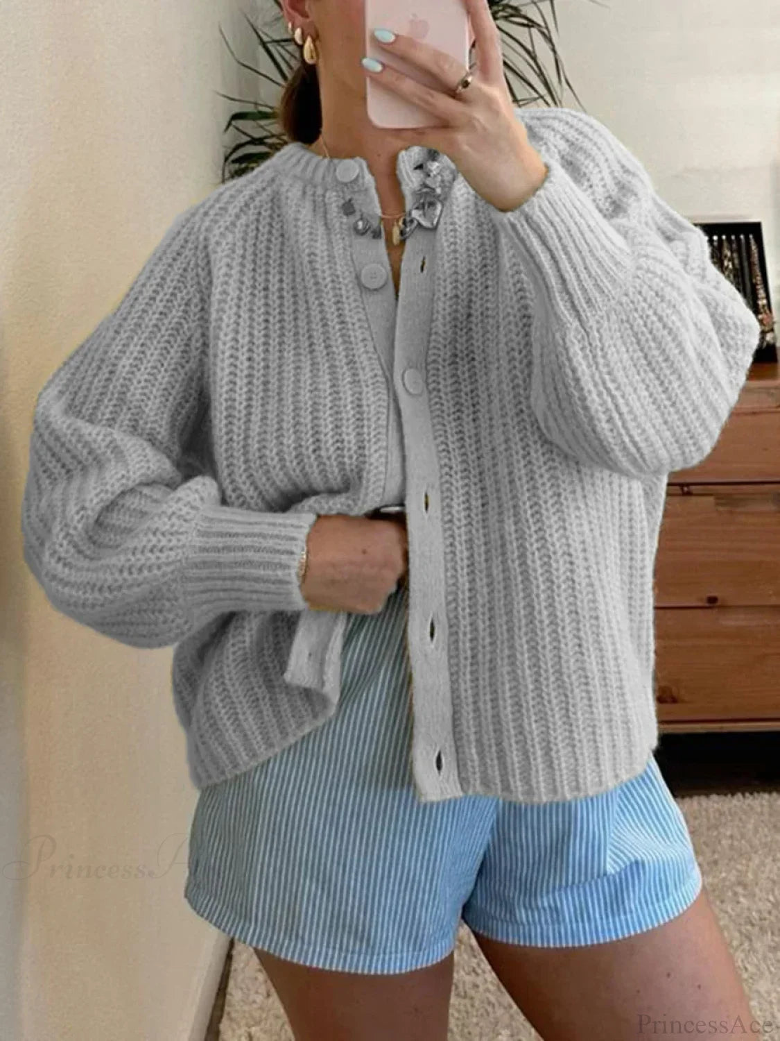 Loose Solid Crew Neck Button Cardigan grey / S