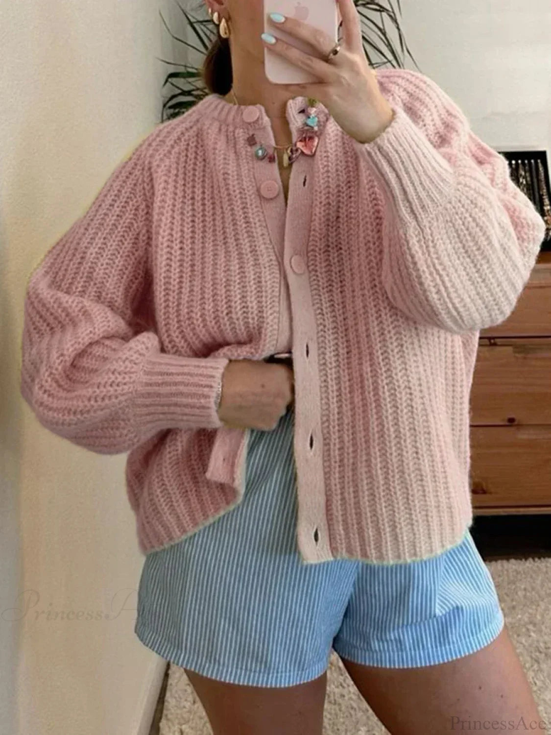 Loose Solid Crew Neck Button Cardigan pink / S