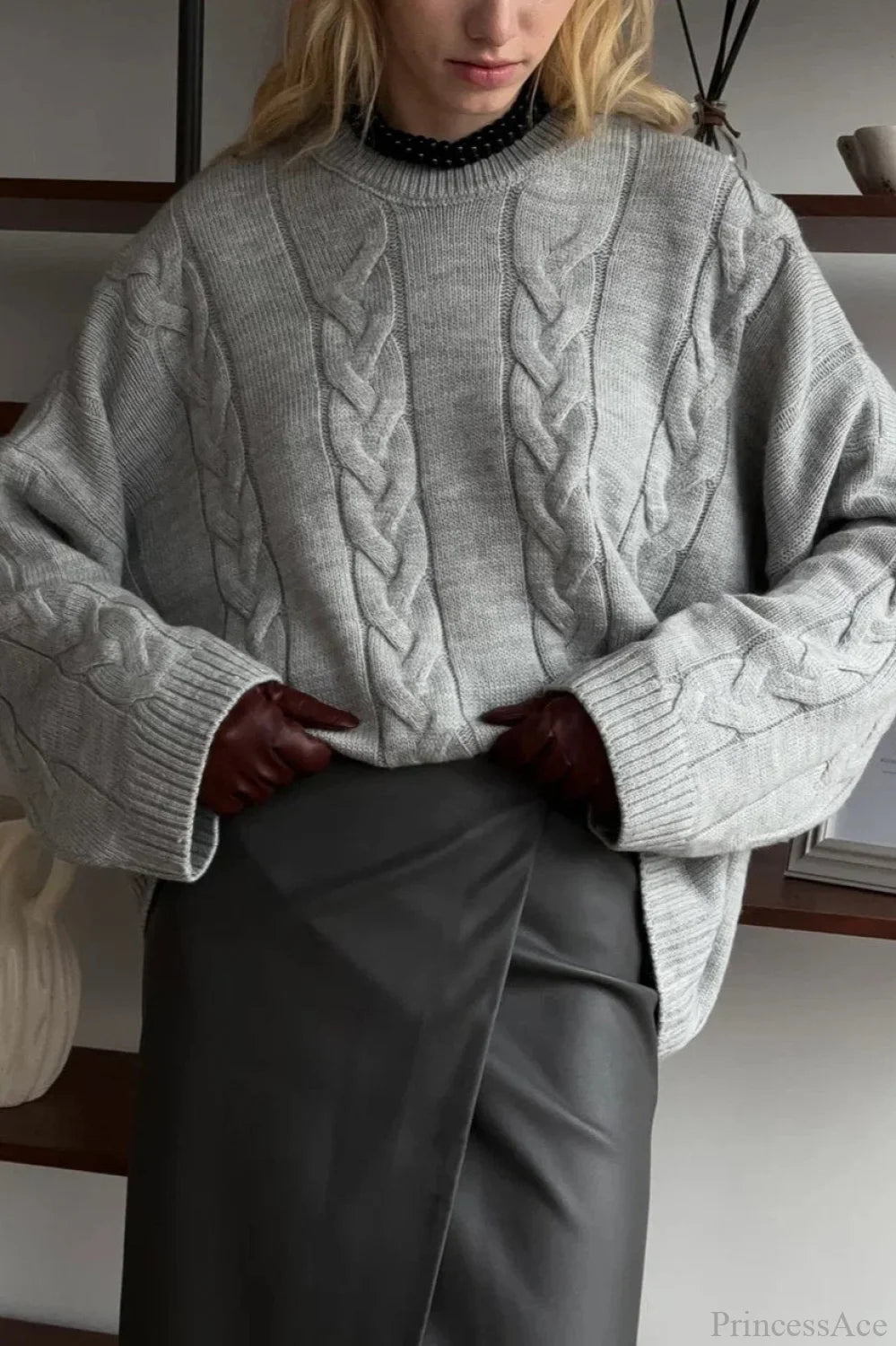 Loose Solid Lazy Casual Crewneck Sweater Grey / S