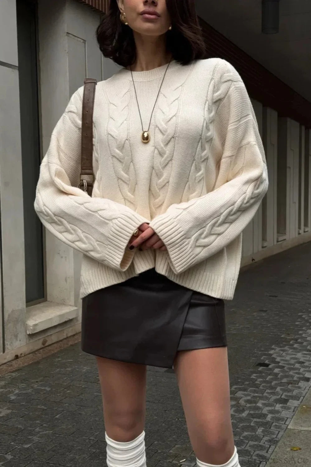 Loose Solid Lazy Casual Crewneck Sweater Off-white / S