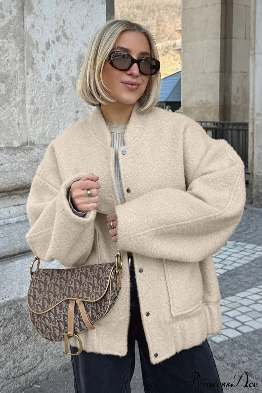 Loose Stand Collar Textured Wool Casual Coat Off-White / S