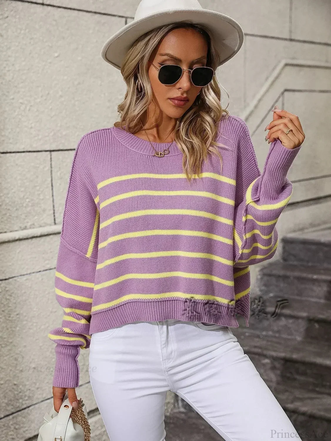 Loose Striped Crochet Sweet Sweater Purple / S