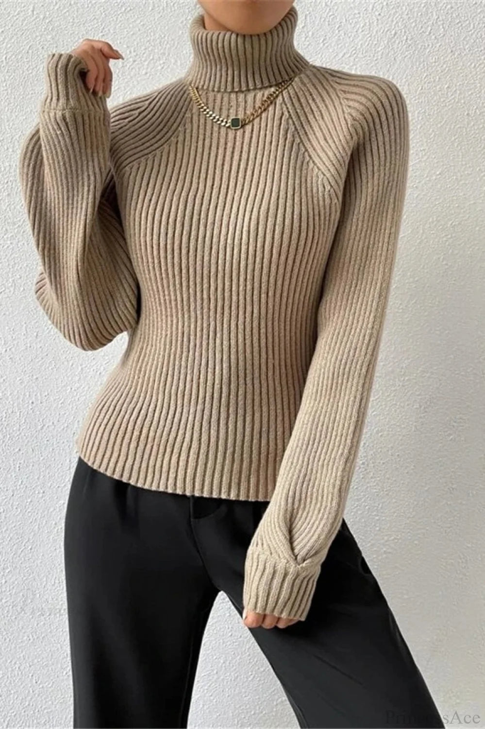Loose Turtleneck Raglan Sleeve Sweater Khaki / S