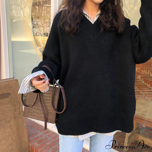 Loose V Neck Solid Color Knitted Sweaters Black / One Size Sweaters-L