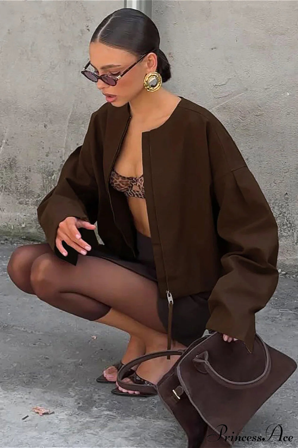 Loose Zip Crewneck Short Long Sleeve Coat