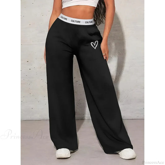 Love Print Casual Wide Leg Pants Black / XS
