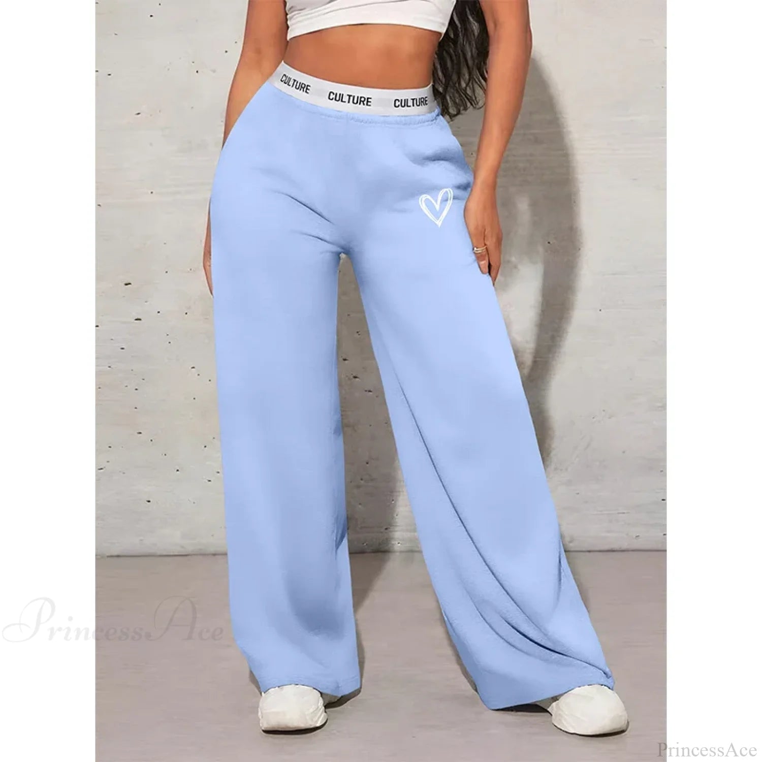 Love Print Casual Wide Leg Pants Light Blue / XS