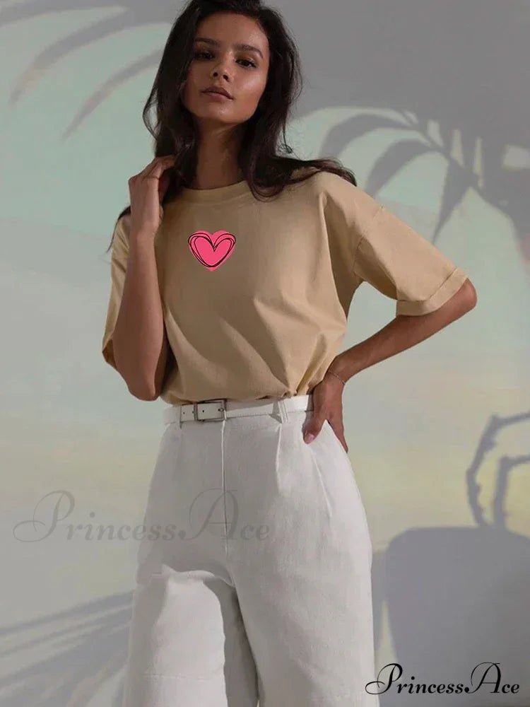 Love Printed Summer Cotton Plus Size Basic Women’s Tee T-Shirt Beige / L
