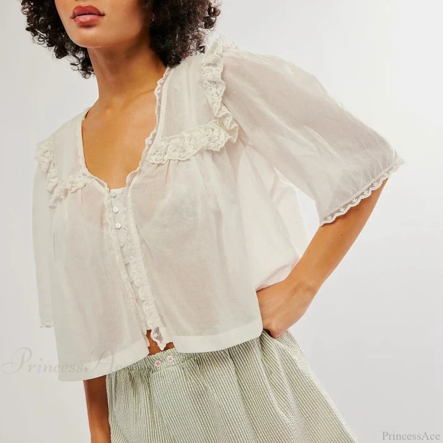 Low Cut Chiffon Ruffle Lace Trim Blouse blouse-250223