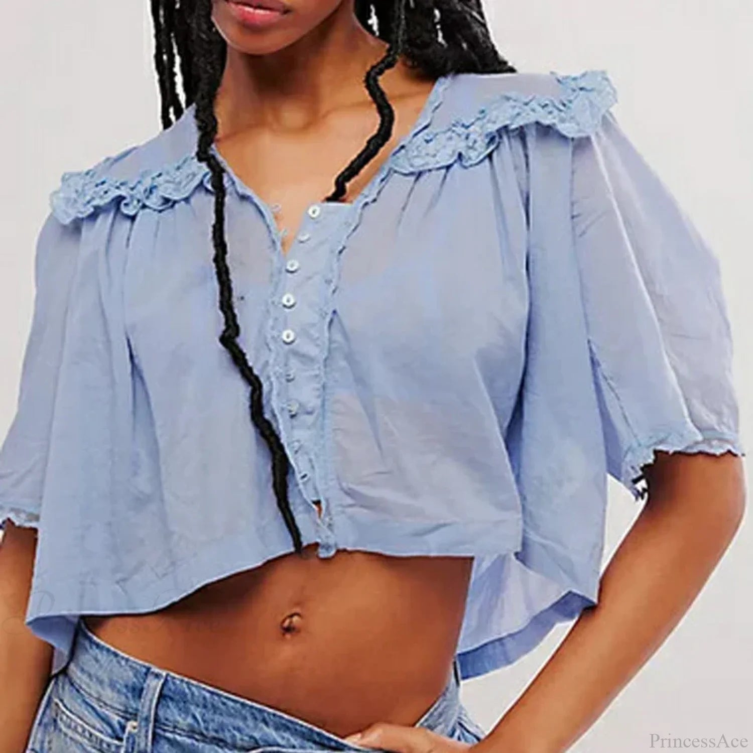 Low Cut Chiffon Ruffle Lace Trim Blouse Blue / XS blouse-250223