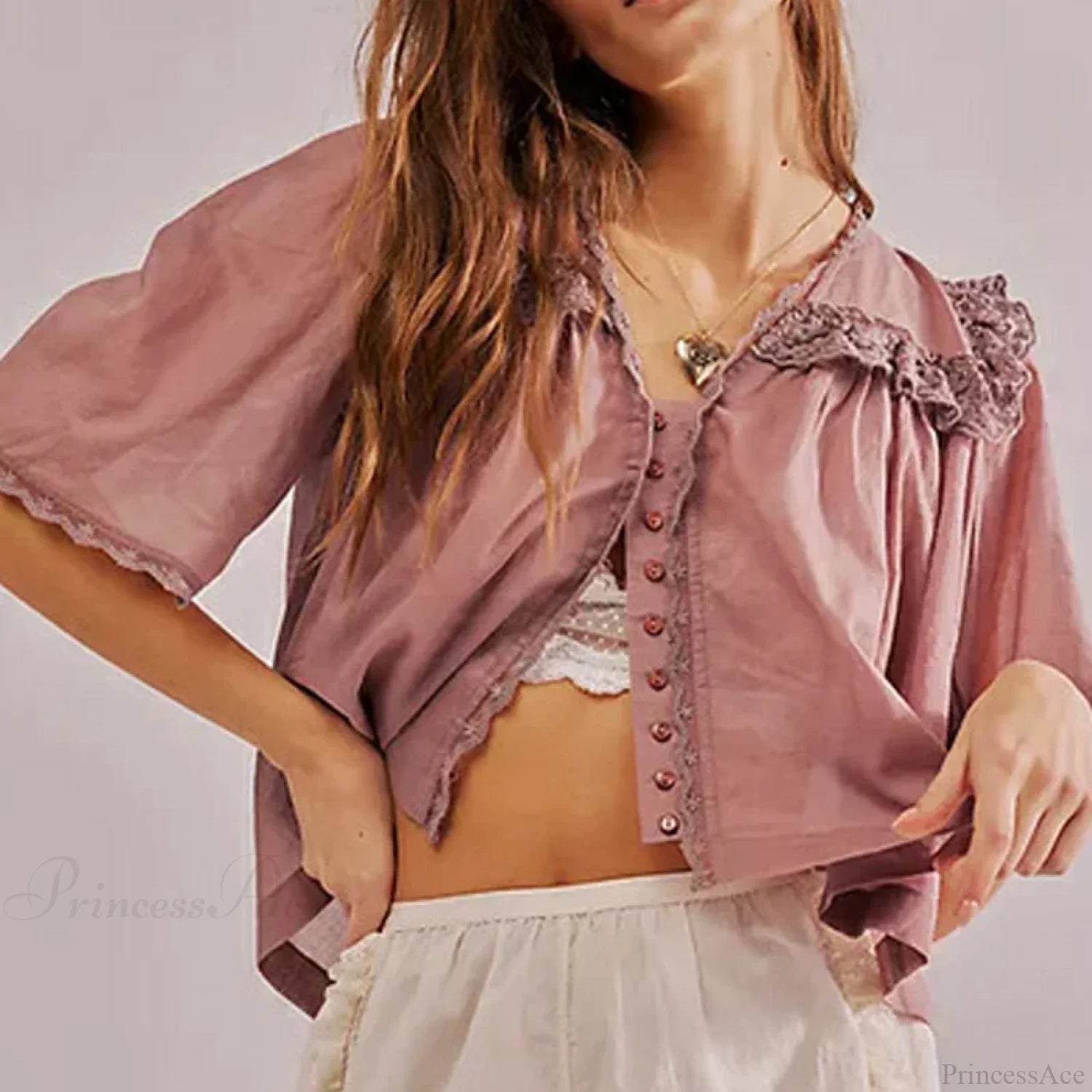 Low Cut Chiffon Ruffle Lace Trim Blouse Lotus root color / XS blouse-250223