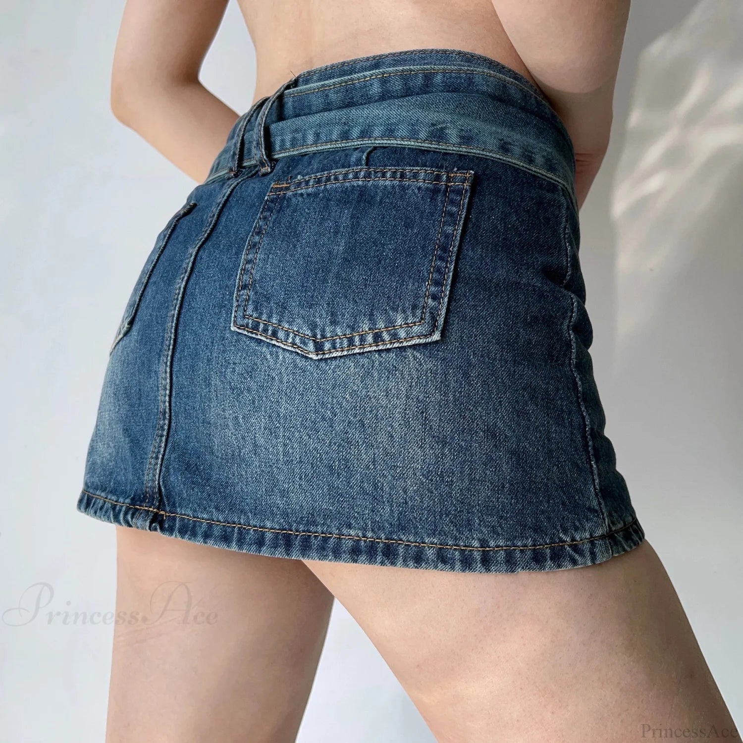 Low-Rise Distressed Blue Denim Skirt skirts-250223