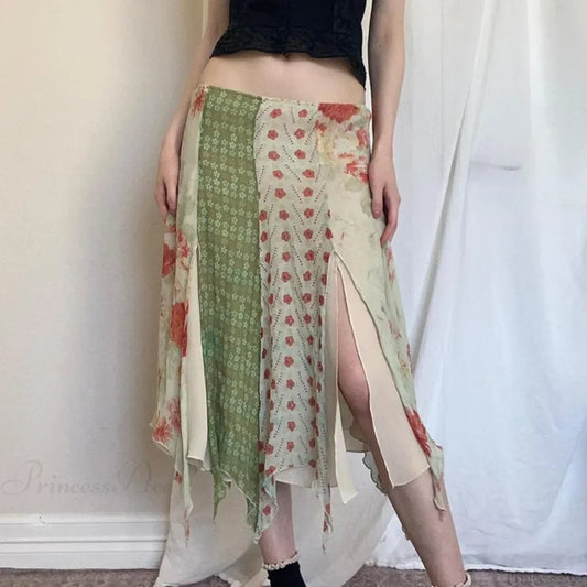 Low Waist Boho Skirts Irregular Length Floral Chiffon Vacation floral printing / S skirt-250126